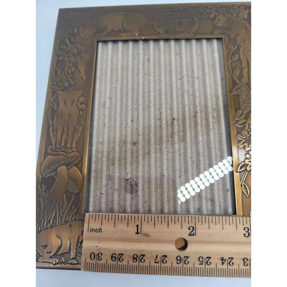Vintage Brass Photo Frame Cats Mushrooms Floral Art Nouveau 3